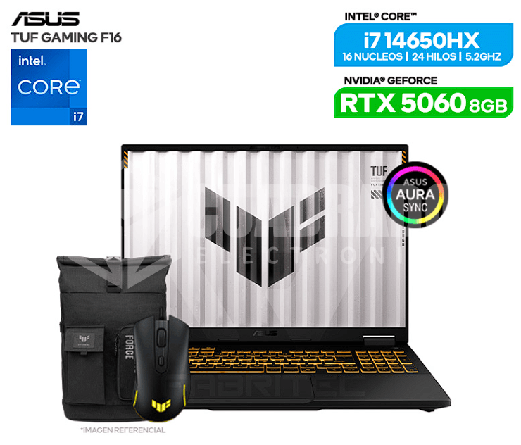 LAPTOP ASUS TUF F16 FX608JMR-RV352 INTEL CORE I7-14650HX 16GB 512GB SSD RTX 5060 8GB 16" FHD INCLUYE MOCHILA Y MOUSE