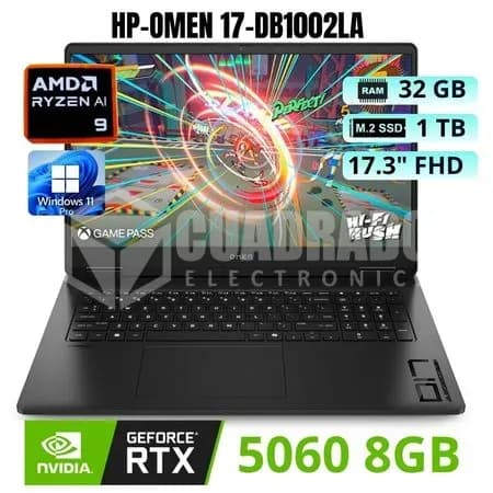 LAPTOP HP OMEN 17-DB1002LA AMD RYZEN AI 9 365 - 32GB RAM DDR5 1TB SSD NVIDIA RTX 5060 8GB 17.3" FHD 144HZ FREEDOS