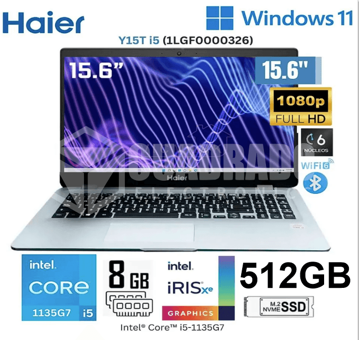 LAPTOP HAIER Y15T I5 INTEL CORE I5-1135G7 8GB 512GB SSD 15.6" FHD INTEL IRIS XE FREEDOS