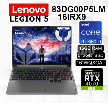 LAPTOP LEGION 5 16IRX9 INTEL CORE I9-14900HX 16GB 512GB SSD RTX 4070 8GB 16" WQXGA 165HZ FREEDOS