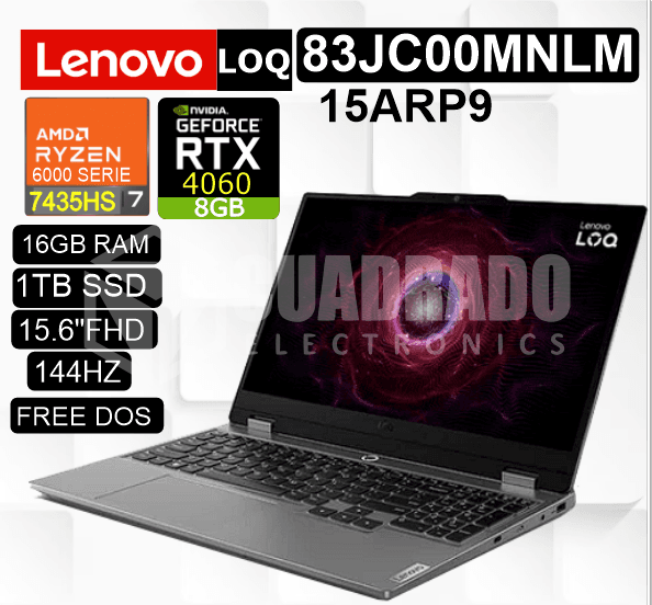 LAPTOP LENOVO LOQ 15ARP9 AMD RYZEN 7-7435HS 16GB 1TB SSD RTX 4060 8GB 15.6" FHD 144HZ FREE DOS
