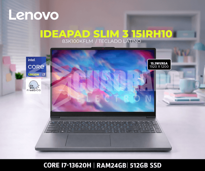 LAPTOP LENOVO IDEAPAD SLIM 3 15IRH10 INTEL CORE I7-13620H 24GB 512GB SSD 15.3" WUXGA 60HZ FREE DOS
