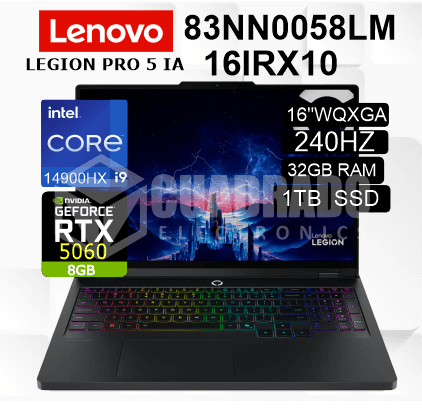 LAPTOP LENOVO LEGION PRO 5 16IRX10 INTEL CORE I9-14900HX 32GB 1TB SSD RTX 5060 8GB 16" WQXGA 240HZ FREE DOS / 83NN0058LM