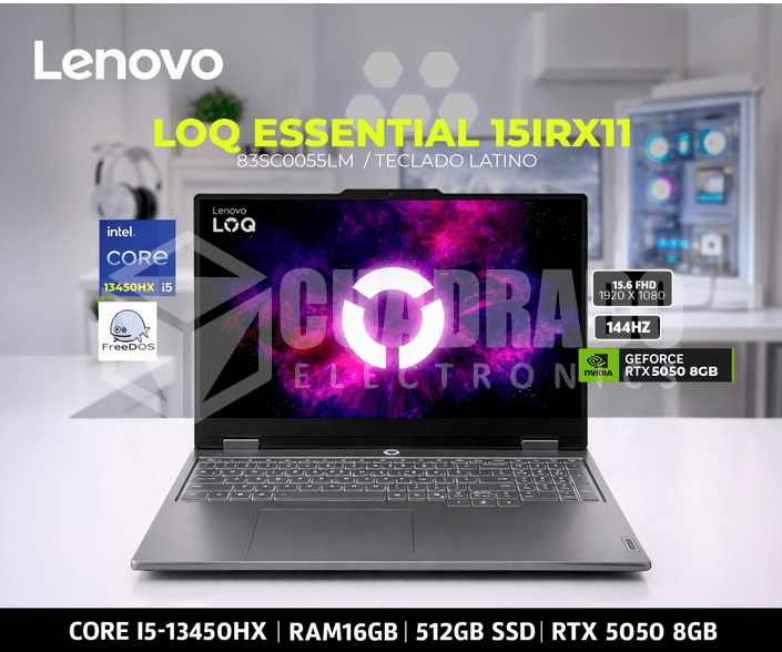 LAPTOP LENOVO LOQ ESSENTIAL 15IRX11 INTEL CORE I5-13450HX 16GB 512GB SSD RTX 5050 8GB 15.6" FHD 144HZ FREE DOS / 83SC0055LM