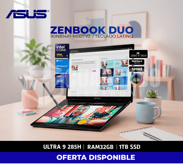 LAPTOP ASUS ZENBOOK DUO UX8406CA-PZ073W INTEL CORE ULTRA 9-285H 32GB 1TB SSD INTEL ARC GRAPHICS 14" 3K OLED 120HZ WIN11 HOME
