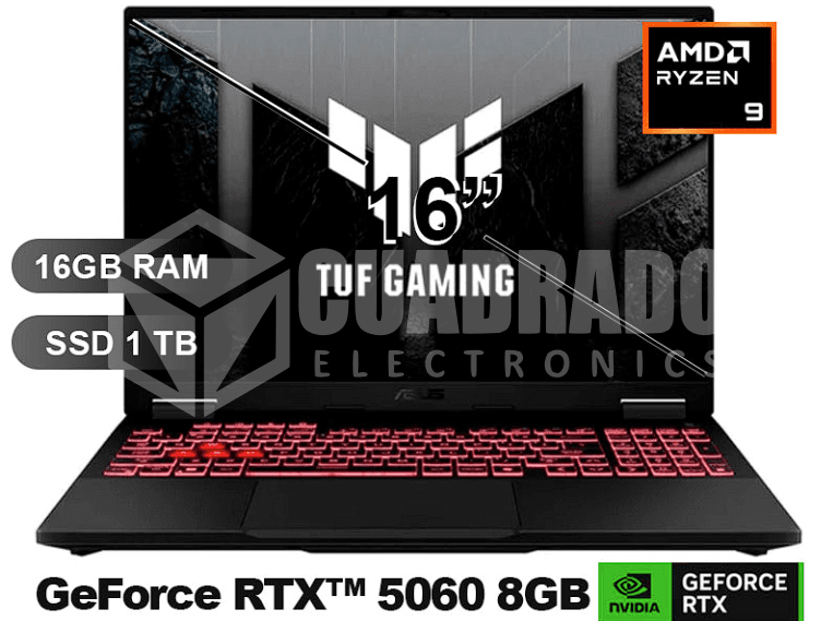 LAPTOP ASUS TUF GAMING A16 FA608PM-RV078 AMD RYZEN 9-8940HX 16GB 1TB SSD RTX 5060 8GB 16" WQXGA 165HZ FREE DOS