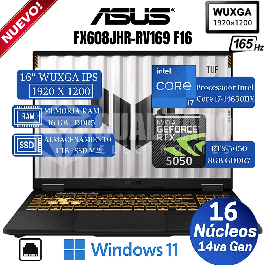 LAPTOP ASUS TUF GAMING F16 FX608JHR-RV169 INTEL CORE I7-14650HX 16GB 1TB SSD RTX 5050 8GB 16" FHD+ 165HZ FREE DOS / 90NR0NA1-M008Y0