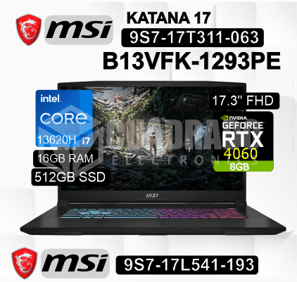 LAPTOP MSI KATANA 17 B13VFK-1293PE INTEL CORE I7-13620H 16GB 512GB SSD RTX 4060 8GB 17.3" FHD 144HZ WIN11 HOME