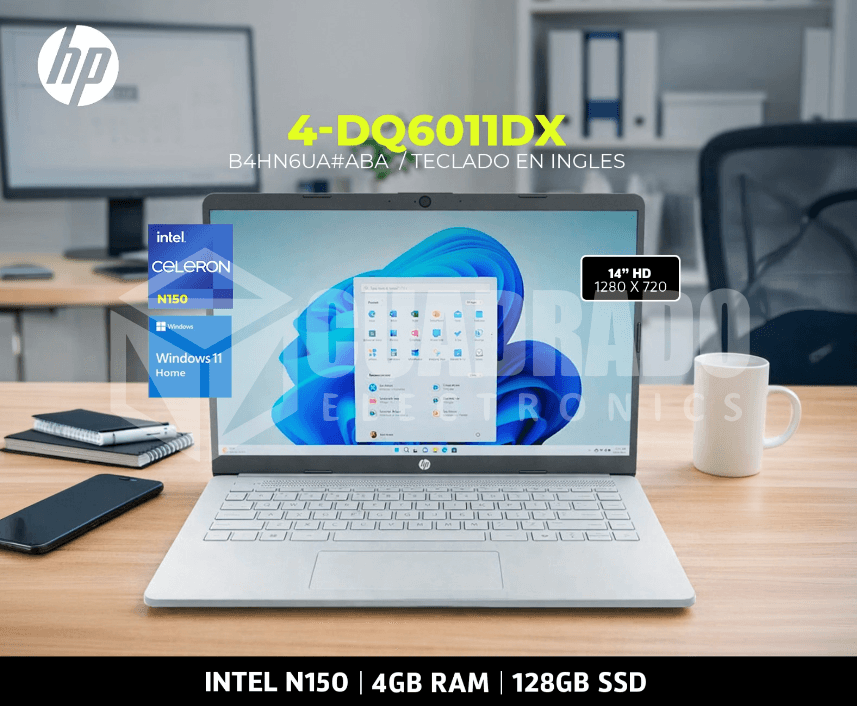 LAPTOP HP 14-DQ6011DX INTEL N150 4GB 128GB UFS 14" HD 60HZ WIN11 HOME / B4HN6UA#ABA