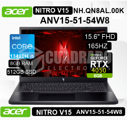 LAPTOP ACER NITRO V 15 ANV15-51-54W8 INTEL CORE I5-13420H 8GB 512GB SSD RTX 4050 6GB 15.6" FHD 165HZ WIN11 HOME