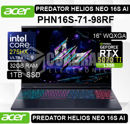 LAPTOP ACER PREDATOR HELIOS NEO 16S AI PHN16S-71-98RF INTEL CORE ULTRA 9-275HX 32GB 1TB SSD RTX 5070 TI 12GB 16" QHD+ OLED 240HZ WIN11 HOME / NH.U0KAA.001