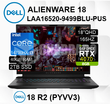 LAPTOP DELL ALIENWARE 18 R2 INTEL CORE I7-14700HX 40GB 2TB SSD RTX 4070 8GB 18" WQXGA 165HZ WIN11 HOME / PYVV3