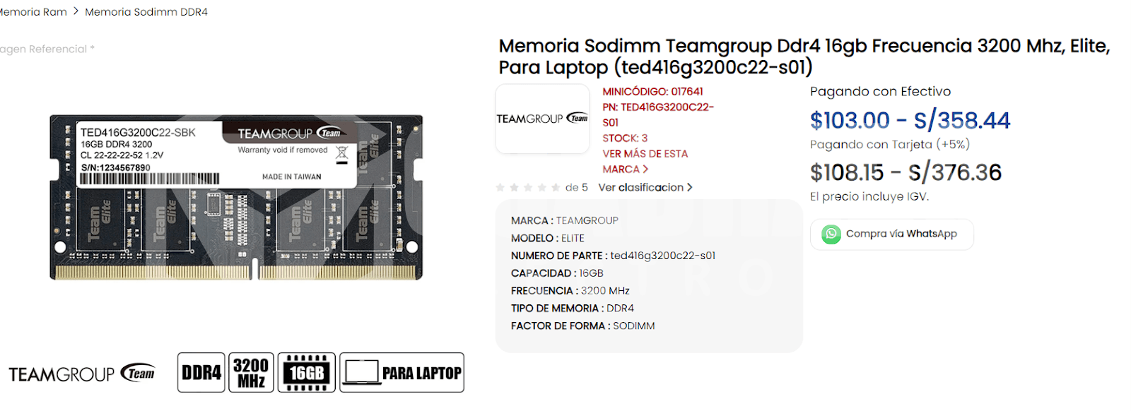 MEMORIA RAM TEAMGROUP DDR4 16GB 3200MHZ SODIMM
