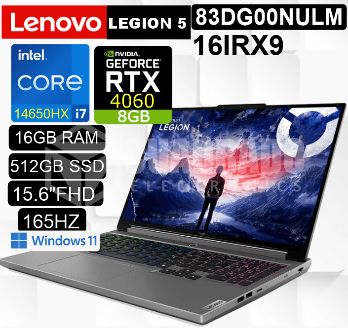 LAPTOP LENOVO LEGION 5 16IRX9 INTEL CORE I7-14650HX 16GB 512GB SSD RTX 4060 8GB 16" WQXGA 165HZ WIN11 HOME / 83DG00NULM
