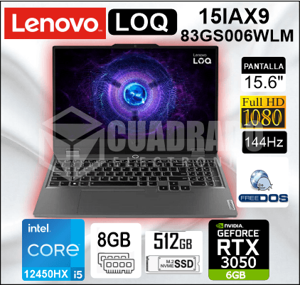 LAPTOP LENOVO LOQ 15IAX9 INTEL CORE I5-12450HX 8GB 512GB SSD RTX 3050 6GB 15.6" FHD 144HZ FREE DOS / 83GS006WLM