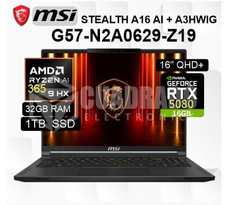 LAPTOP MSI STEALTH A16 AI+ A3HWIG-073US AMD RYZEN AI 9-365 32GB 1TB SSD RTX 5080 16GB 16" QHD+ OLED 240HZ WIN11 HOME / BBARI36532GXXDX11NGP